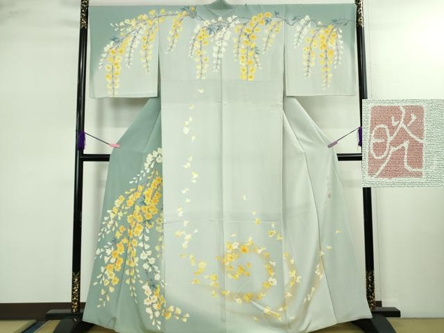 平和屋着物●極上　訪問着　友禅　作家物　枝垂れ花　藍白色地　暈し染め　逸品　DZAB2500kh6