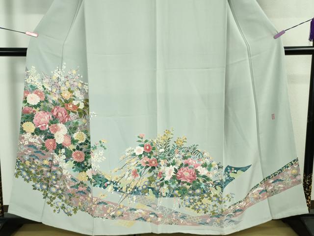 平和屋着物○極上 十日町友禅作家 阿部佳雪 色留袖 鬘帯花文 秘色色地