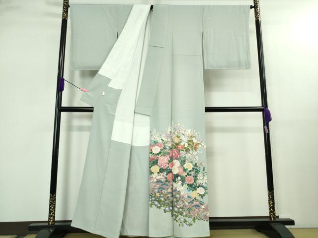 色留袖　阿部佳雪　友禅　作家もの　鴛鴦　椿　桜花　着物　063b 平和屋着物○極上 十日町友禅作家 阿部佳雪 色留袖 鬘帯花文 秘色色地