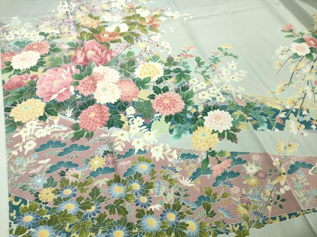 平和屋着物○極上 十日町友禅作家 阿部佳雪 色留袖 鬘帯花文 秘色色地