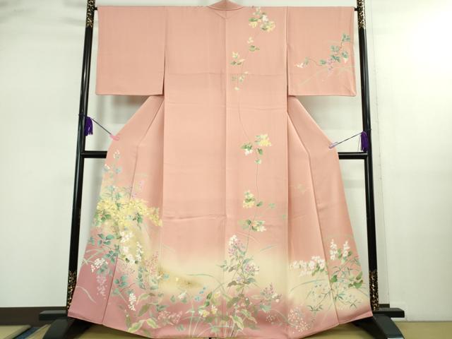 平和屋着物●極上　訪問着　友禅　四季花文　珊瑚色地　暈し染め　金彩　逸品　DZAB2527kh6 平和屋着物○極上 訪問着 友禅 四季花文 珊瑚色地 暈し染め 金彩 逸品