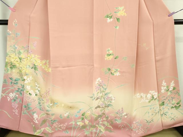 平和屋着物●極上　訪問着　友禅　四季花文　珊瑚色地　暈し染め　金彩　逸品　DZAB2527kh6 平和屋着物○極上 訪問着 友禅 四季花文 珊瑚色地 暈し染め 金彩 逸品