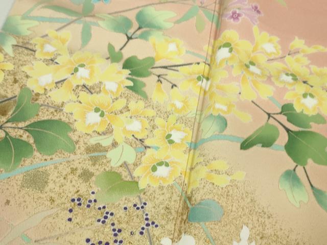 平和屋着物●極上　訪問着　友禅　四季花文　珊瑚色地　暈し染め　金彩　逸品　DZAB2527kh6 平和屋着物○極上 訪問着 友禅 四季花文 珊瑚色地 暈し染め 金彩 逸品