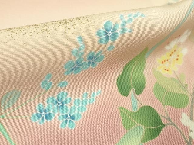 平和屋着物○極上 訪問着 友禅 四季花文 珊瑚色地 暈し染め 金彩 逸品