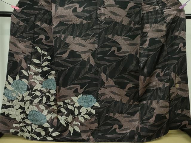 平和屋本店○極上 染色作家 斉藤三才 訪問着 飛鶴枝花文 黒地 逸品