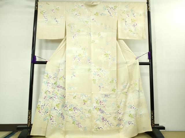 平和屋本店▽極上　訪問着　単衣　駒刺繍　枝花文　鳥の子色地　金彩　逸品　DZAB2588kh6