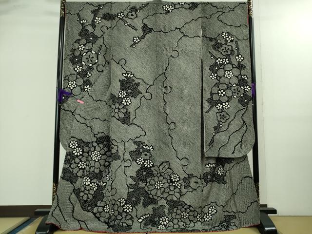 平和屋本店●極上　振袖　総絞り　雪輪　草花文　黒地　逸品　DZAB2600kh6