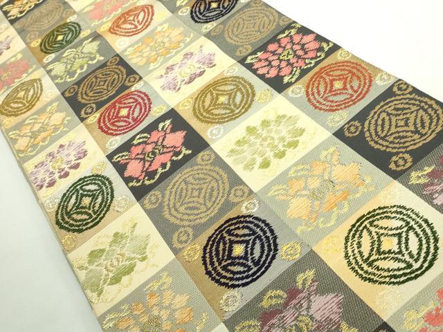 平和屋着物●極上　両面　全通柄　本袋帯　唐織　瀬織津園　河崎晴生　市松　金糸　逸品　DZAB2605kh6 平和屋着物○極上 両面 全通柄 本袋帯 唐織 瀬織津園 河崎晴生 市松