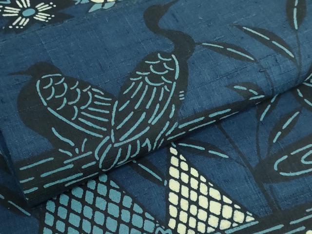 平和屋本店○極上 本場琉球紅型 六通柄袋帯 紬地 藍型