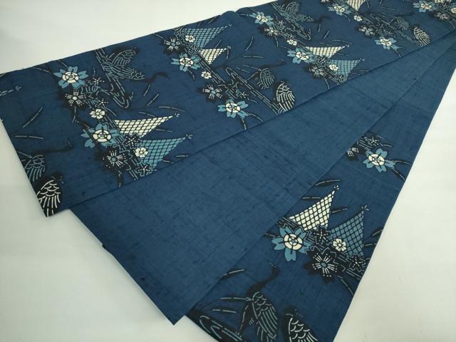 平和屋本店○極上 本場琉球紅型 六通柄袋帯 紬地 藍型