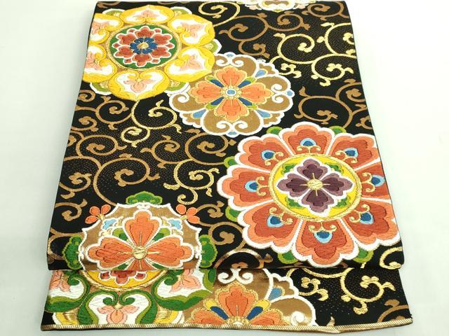 平和屋着物●極上　西陣　河合美術織物謹製　六通柄袋帯　唐織　正倉院花唐草　黒地　金糸　逸品　DZAB2627kh6