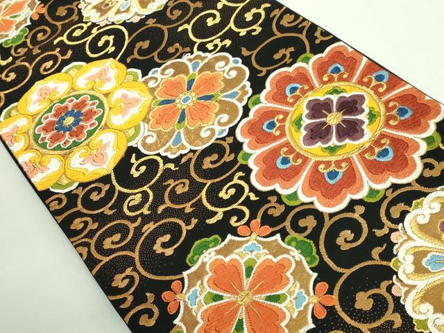 平和屋着物●極上　西陣　河合美術織物謹製　六通柄袋帯　唐織　正倉院花唐草　黒地　金糸　逸品　DZAB2627kh6