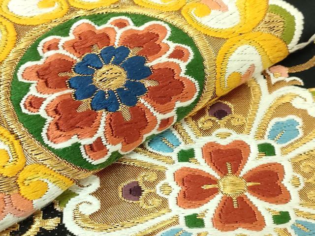 平和屋着物●極上　西陣　河合美術織物謹製　六通柄袋帯　唐織　正倉院花唐草　黒地　金糸　逸品　DZAB2627kh6