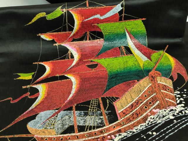 平和屋着物○極上 アンティーク 大正ロマン 九寸名古屋帯 手描き 船