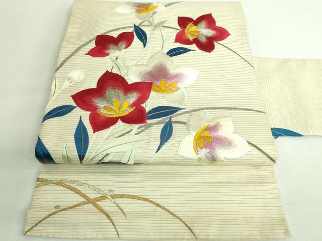 平和屋着物●極上　アンティーク　大正ロマン　九寸名古屋帯　総手刺繍　草花文　銀糸　逸品　DZAB2675kh6