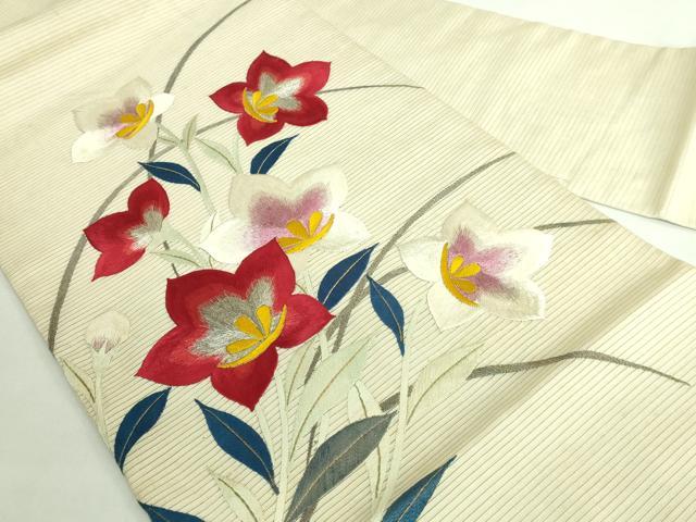 平和屋着物●極上　アンティーク　大正ロマン　九寸名古屋帯　総手刺繍　草花文　銀糸　逸品　DZAB2675kh6_1