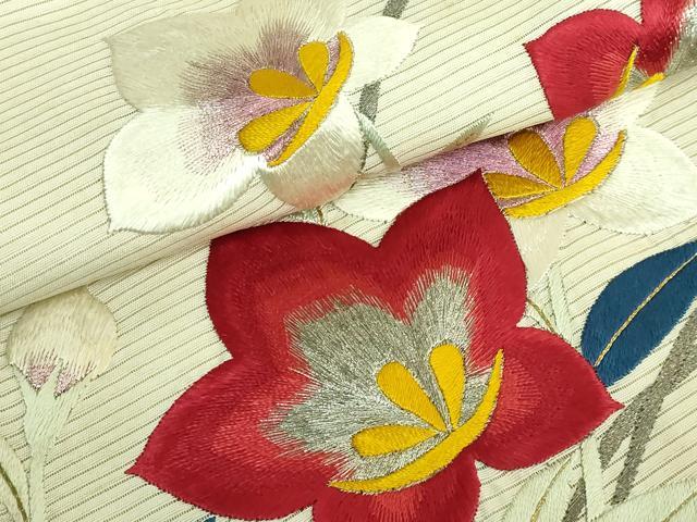 平和屋着物●極上　アンティーク　大正ロマン　九寸名古屋帯　総手刺繍　草花文　銀糸　逸品　DZAB2675kh6_2