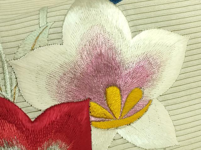 平和屋着物●極上　アンティーク　大正ロマン　九寸名古屋帯　総手刺繍　草花文　銀糸　逸品　DZAB2675kh6_3