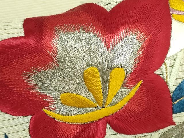 平和屋着物●極上　アンティーク　大正ロマン　九寸名古屋帯　総手刺繍　草花文　銀糸　逸品　DZAB2675kh6_4