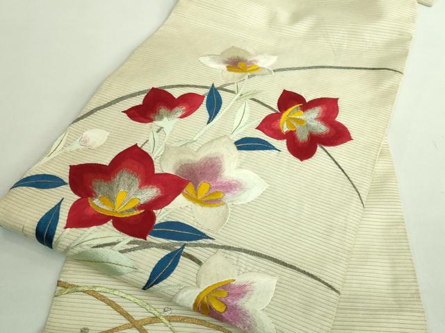 平和屋着物●極上　アンティーク　大正ロマン　九寸名古屋帯　総手刺繍　草花文　銀糸　逸品　DZAB2675kh6_5