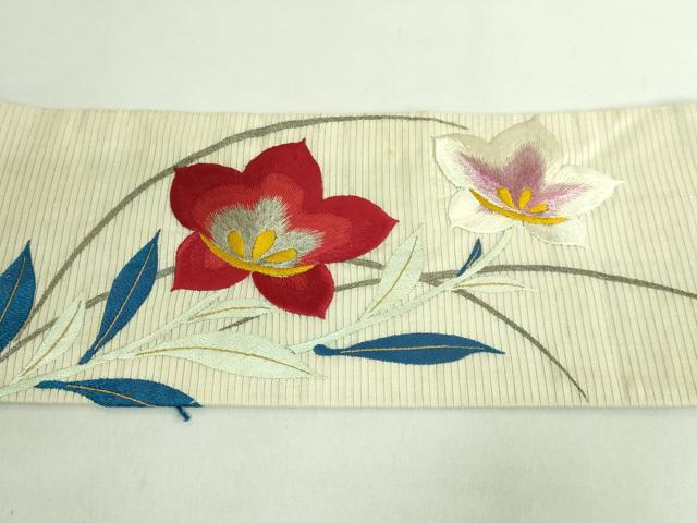 平和屋着物●極上　アンティーク　大正ロマン　九寸名古屋帯　総手刺繍　草花文　銀糸　逸品　DZAB2675kh6_6