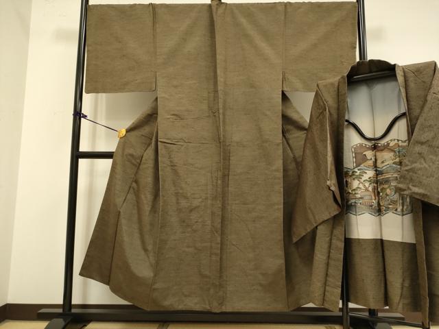 平和屋着物□極上 男性 紬 アンサンブル キングサイズ 長羽織・髭紬 濃い黄