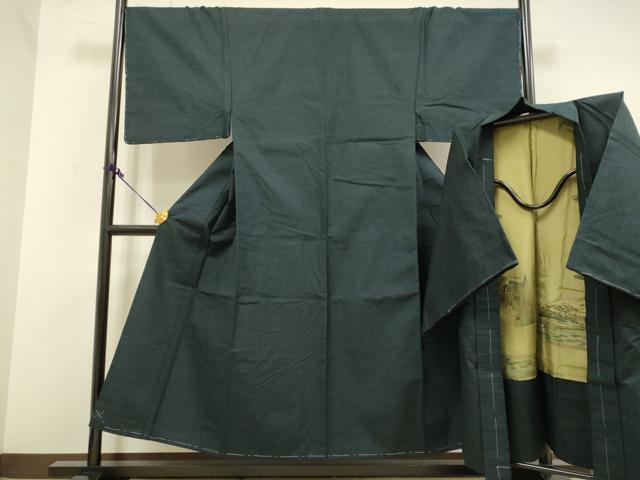 平和屋着物■極上　男性　紬　アンサンブル　長羽織・髭紬　濃い藍鉄色　逸品　未使用　DZAB2743kh6