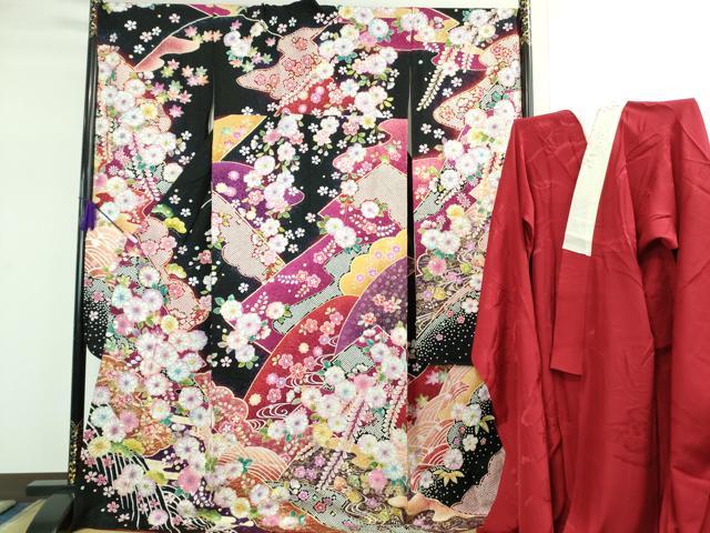 平和屋本店●極上　振袖・長襦袢(無双仕立て・半衿刺繍)セット　辻が花　暈し染め　黒地　金彩　銀通し地　逸品　DZAB2757kh6 平和屋本店□極上 振袖・長襦袢(無双仕立て・半衿刺繍)・袋帯セット 総