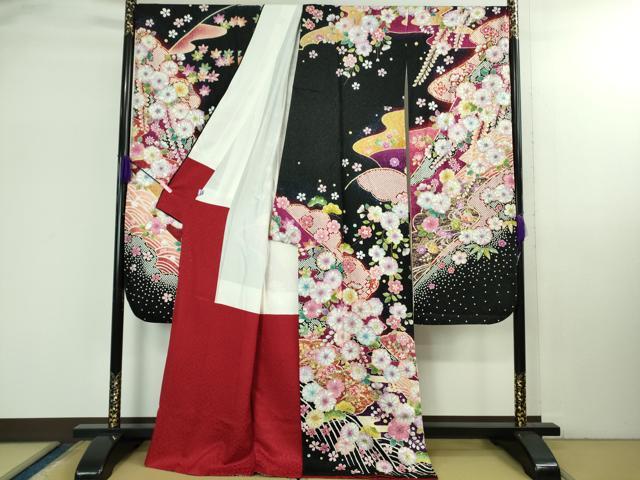 平和屋本店●極上　振袖・長襦袢(無双仕立て・半衿刺繍)セット　辻が花　暈し染め　黒地　金彩　銀通し地　逸品　DZAB2757kh6 平和屋本店□極上 振袖・長襦袢(無双仕立て・半衿刺繍)・袋帯セット 総