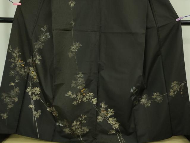 平和屋着物●極上　本場染大島紬　訪問着　手描き　枝花文　黒地　逸品　DZAB2786kh6_3