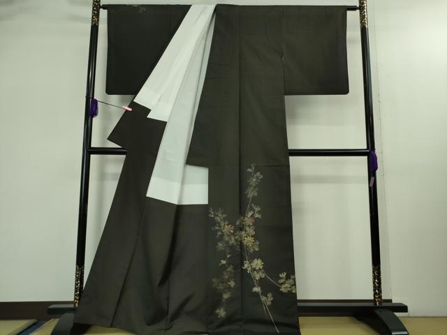 平和屋着物●極上　本場染大島紬　訪問着　手描き　枝花文　黒地　逸品　DZAB2786kh6 平和屋着物○極上 本場染大島紬 訪問着 手描き 枝花文 黒地 逸品