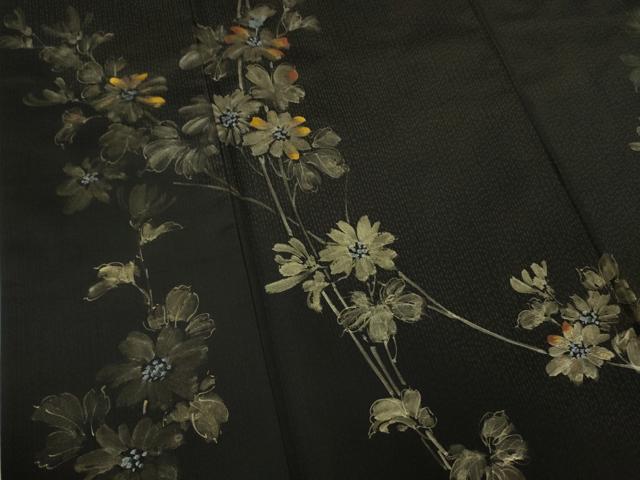 平和屋着物●極上　本場染大島紬　訪問着　手描き　枝花文　黒地　逸品　DZAB2786kh6 平和屋着物○極上 本場染大島紬 訪問着 手描き 枝花文 黒地 逸品