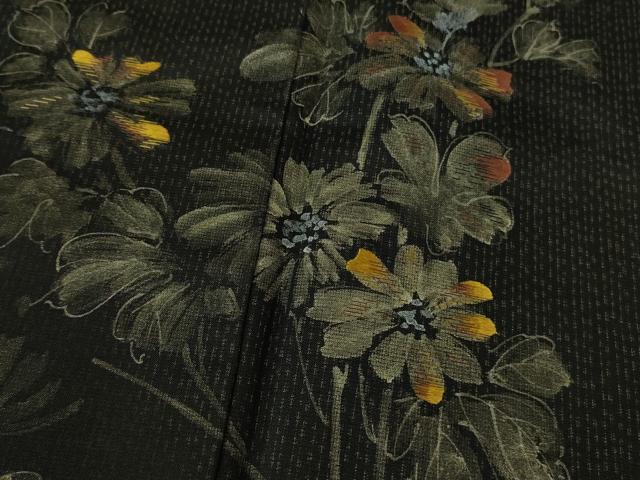 平和屋着物●極上　本場染大島紬　訪問着　手描き　枝花文　黒地　逸品　DZAB2786kh6_5