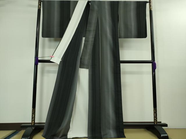 平和屋本店▽極上　本塩沢　やまだ織　単衣　縞　須藤麻紀作　黒地　証紙付き　逸品　DZAB2794kh6 平和屋本店▽極上 本塩沢 やまだ織 単衣 縞 須藤麻紀作 黒地 証紙付き