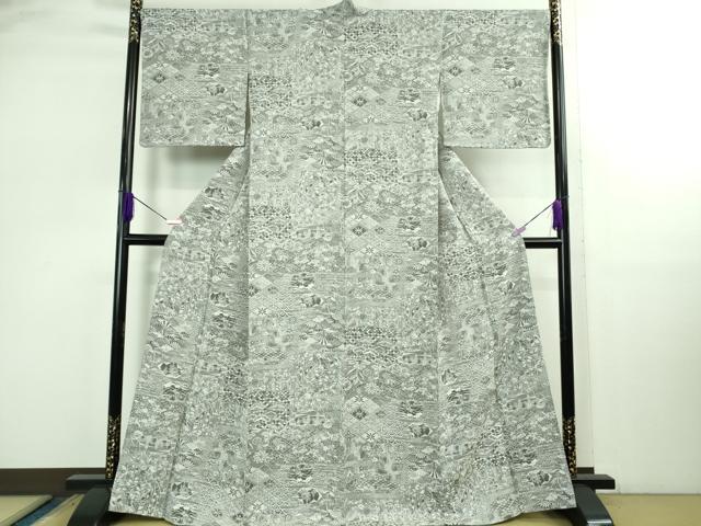 平和屋着物●極上　山岡古都・古都染人　染織美術品　薬墨染　天目織　お召　薬墨　吉祥花文　たんはしつき　逸品　DZAB2826kh6_1