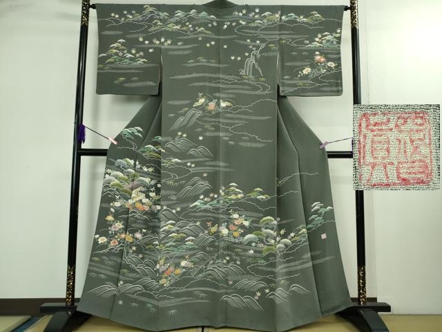 平和屋本店●極上　名門・上野家　四代目 上野真　訪問着　御所解文　藍墨茶色地　鬼しぼ縮緬　逸品　DZAB2846kh6