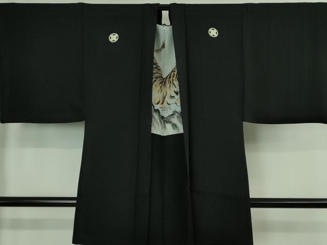 平和屋着物＃極上　男性　黒紋付長羽織　羽裏・虎　逸品　DZAB2849kh6
