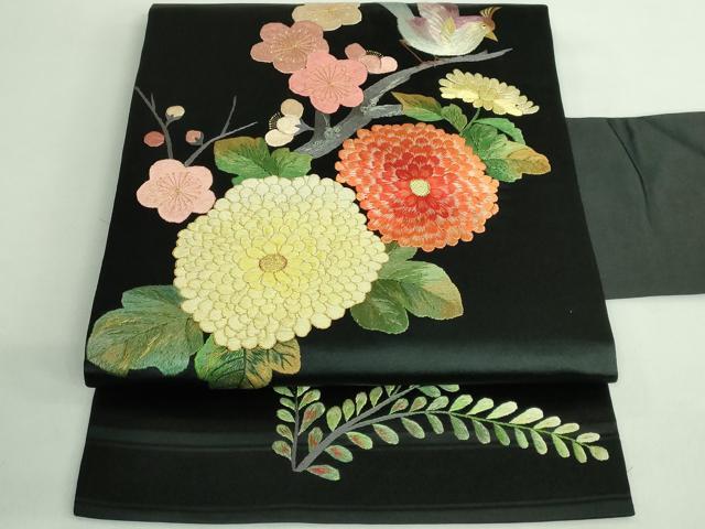 平和屋着物●極上　アンティーク　大正ロマン　九寸名古屋帯　総手刺繍　花鳥文　黒地　金糸　逸品　DZAB2871kh6