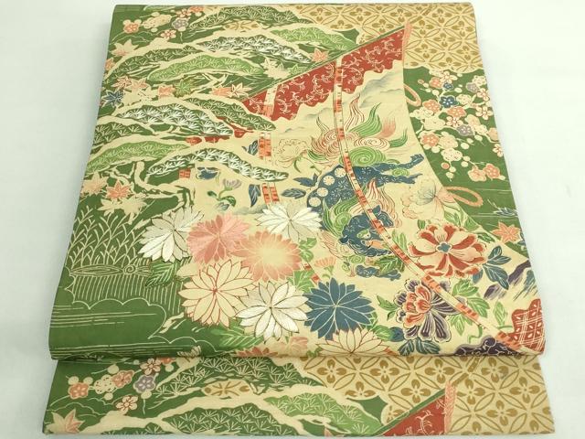 平和屋本店●極上　アンティーク　大正ロマン　丸帯　引き抜き帯　刺繍　几帳唐獅子花文　逸品　DZAB2876kh6