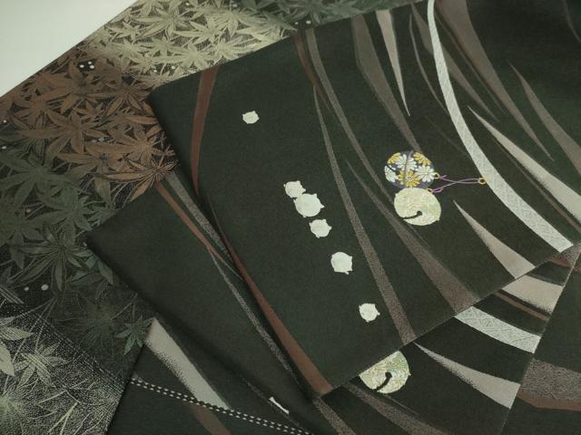 平和屋着物●極上　西陣　河瀬満織物謹製　両面　全通柄袋帯　鈴　葉尽くし　黒地　金糸　証紙・反端付き　逸品　DZAB2885kh6