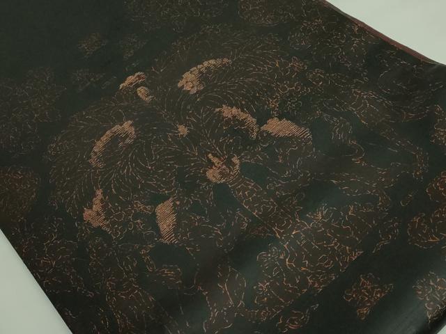平和屋着物●極上　ファッションデザイナー　稲葉賀恵　太鼓柄袋帯　紬地　刺繍　樹下人獣花文　黒地　逸品　DZAB2909kh6_1
