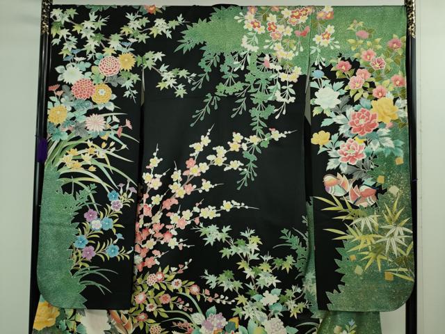 平和屋本店●極上　振袖　駒刺繍　鴛鴦花文　たたき染め　黒地　金彩　逸品　DZAB2956kh6_2