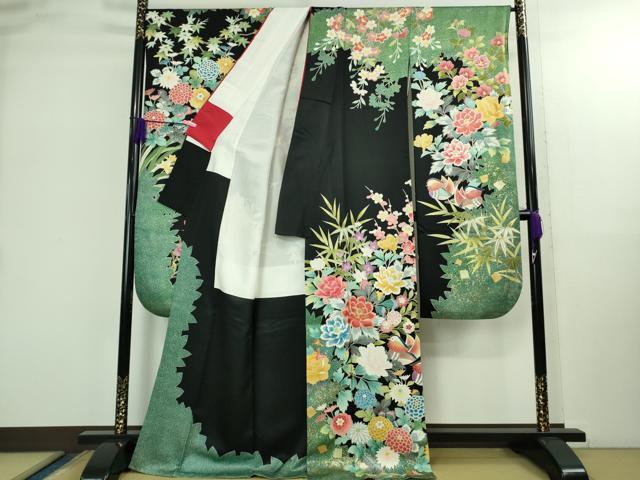 平和屋本店○極上 振袖 駒刺繍 鴛鴦花文 たたき染め 黒地 金彩 逸品