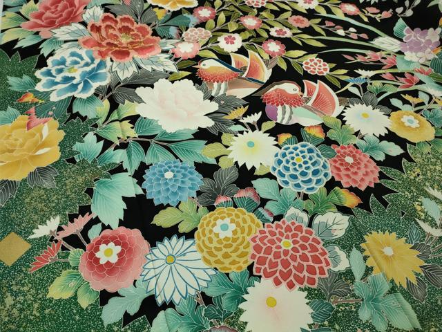 平和屋本店●極上　振袖　駒刺繍　鴛鴦花文　たたき染め　黒地　金彩　逸品　DZAB2956kh6_4