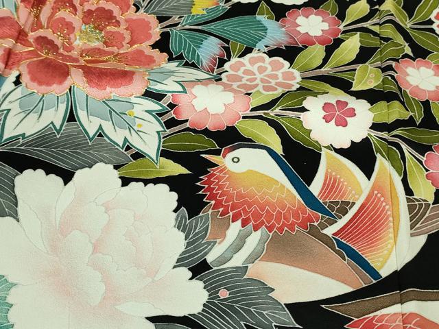 平和屋本店●極上　振袖　駒刺繍　鴛鴦花文　たたき染め　黒地　金彩　逸品　DZAB2956kh6_5