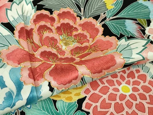 平和屋本店●極上　振袖　駒刺繍　鴛鴦花文　たたき染め　黒地　金彩　逸品　DZAB2956kh6_6