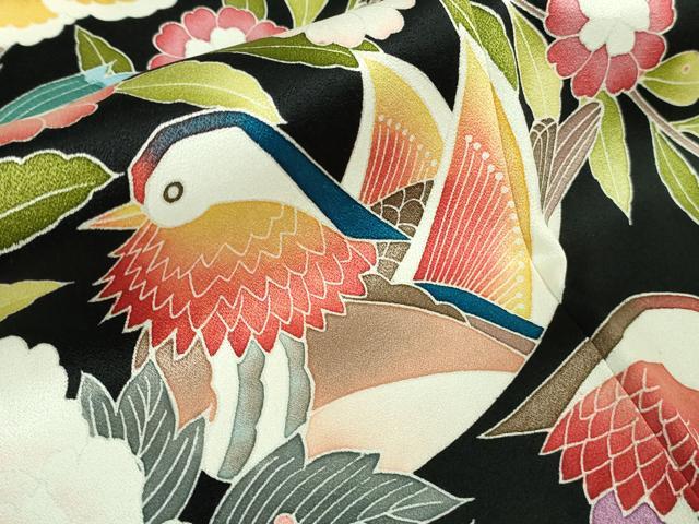平和屋本店●極上　振袖　駒刺繍　鴛鴦花文　たたき染め　黒地　金彩　逸品　DZAB2956kh6_7