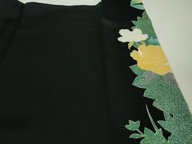 平和屋本店○極上 振袖 駒刺繍 鴛鴦花文 たたき染め 黒地 金彩 逸品