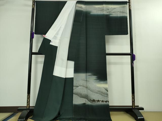 平和屋着物●極上　訪問着　作家物　シルクロード　駱駝　ラクダ　暈し染め　銀彩　百入茶色地　ロング丈　逸品　未使用　DZAB2983kh6_1