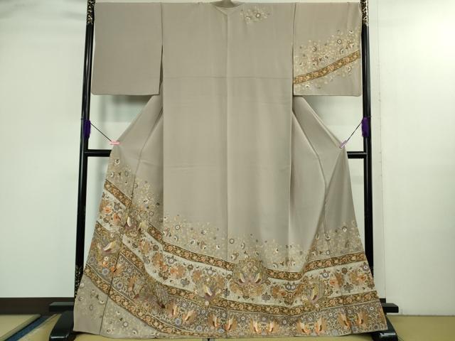 平和屋本店●極上　訪問着　総刺繍　駒刺繍　双鳥更紗花唐草文　薄梅鼠色地　金糸　逸品　DZAB2984kh6 49,140円